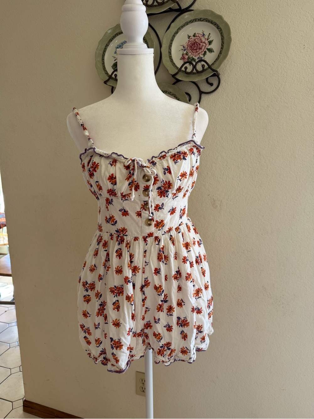 White Floral Button-Front Romper Urban Outfitters